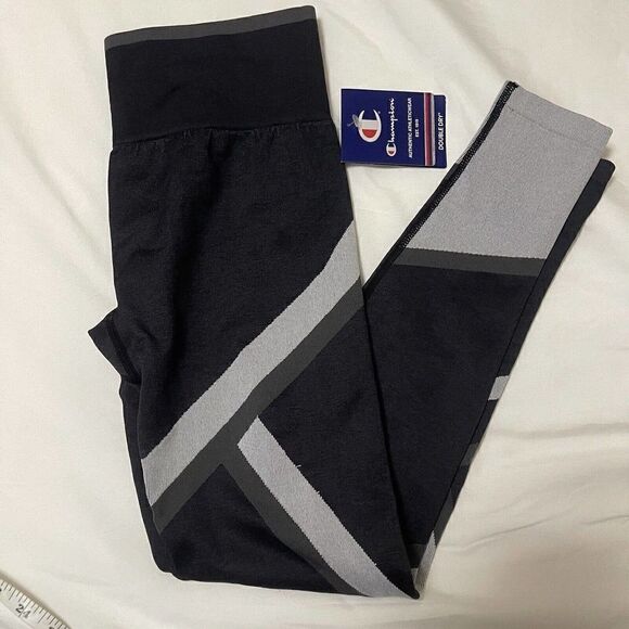 NEW! Champions woven compression black striped leggings size Small - Picture 1 of 4
